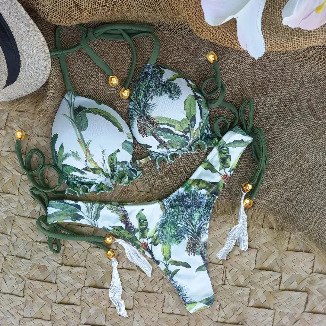 Bohemian leaf pattern split fringed bikini